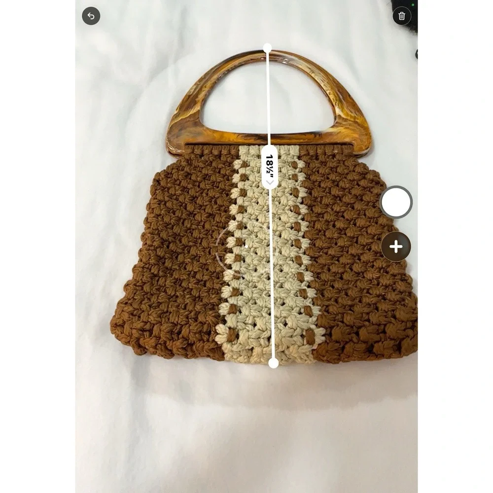 Vtg 70s Macrame Handbag Artisan Lucite Handle Brown Cream Lined Handmade Resort